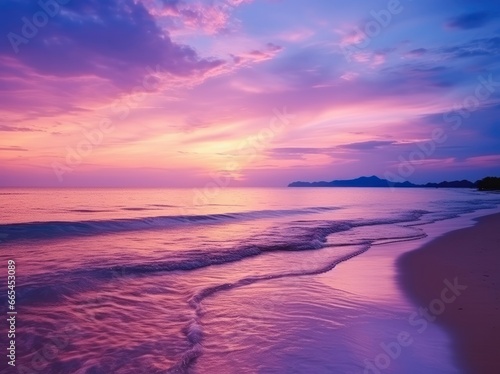 Summer beach with blue water and purple sky at the sunset. © MDBepul