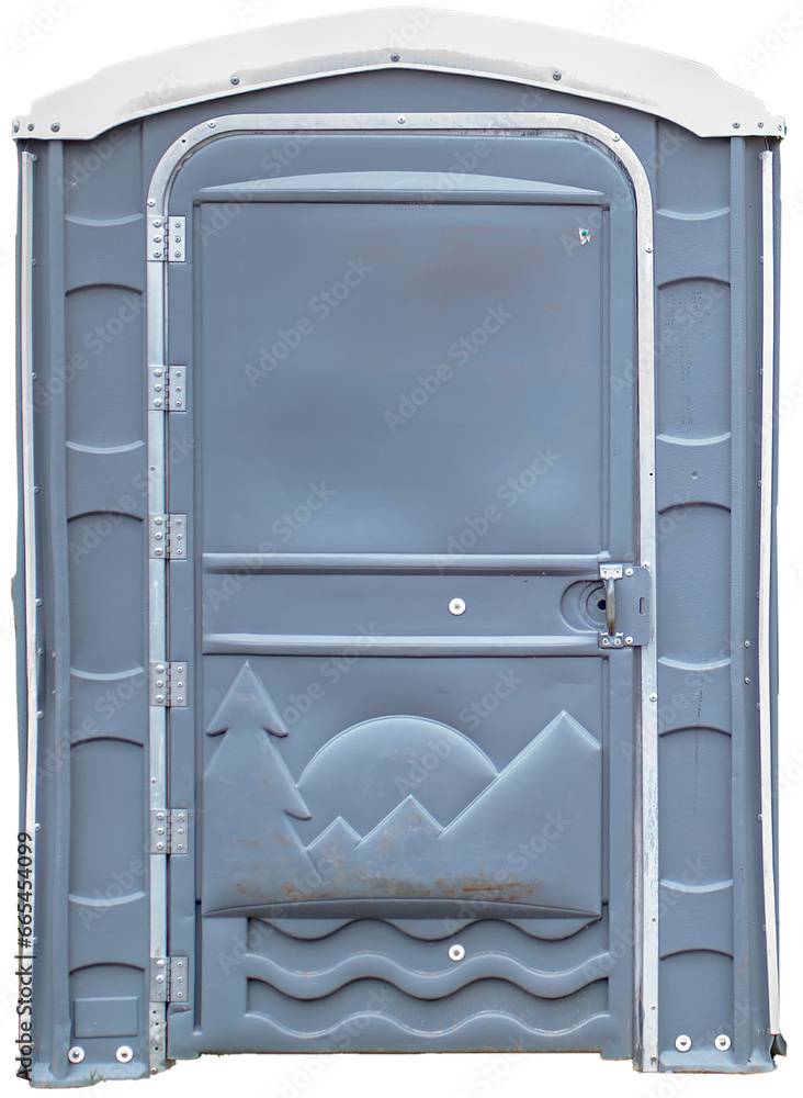 Blue porta potty or porta john, public toilet or bathroom, against transparent background, high