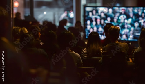 People crowd watching TV. TV addiction, propaganda and fake news concept.