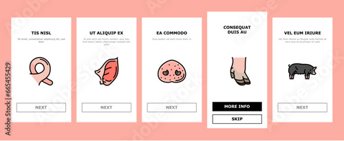 pork pig farm animal piglet hog onboarding mobile vector. swine livestock, domestic bacon, cute hand boar, agriculture little, happy vintage pork pig farm animal piglet hog Illustrations
