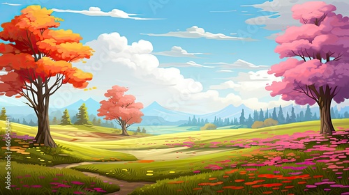 Spring season with colorful flowers and trees in a pretty meadow or field.