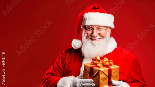 Santa Claus holding Christmas bag with gift box and looking up to camera. Ai generated