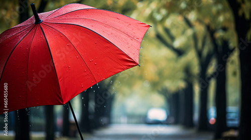 Red umbrella with heavy rain