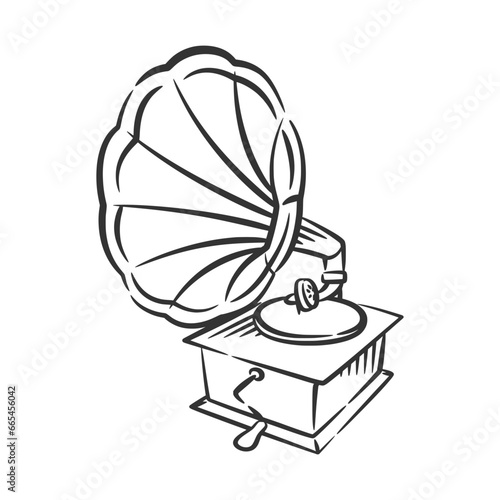 Gramophone vintage music line art hand drawing