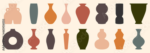 Set of different ancient ceramic vases. Hygge pottery concept. Vector illustration on isolated background