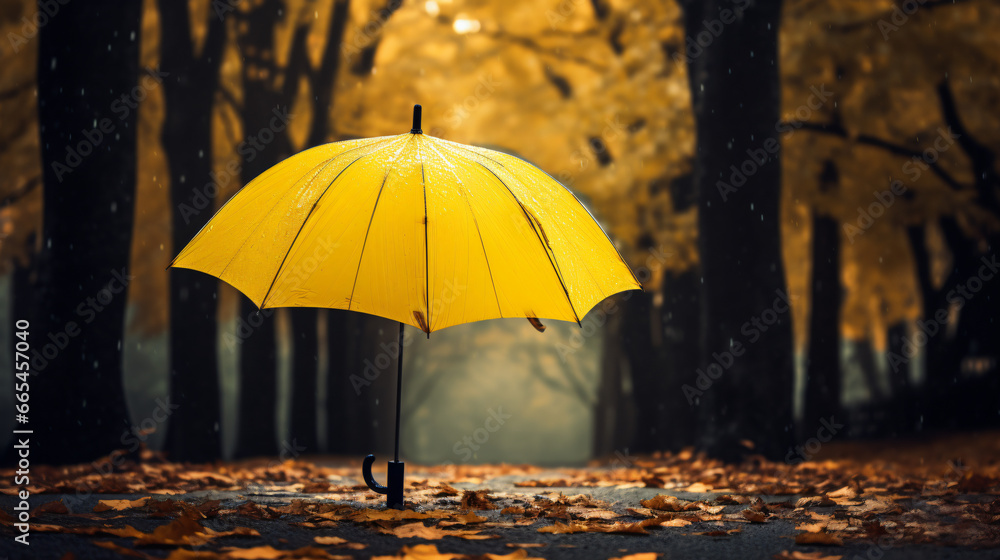 Close-up of yellow umbrella with heavy rain
