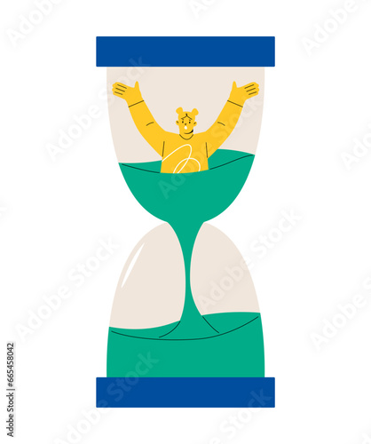 Woman sinking in sandglass. Colorful vector illustration