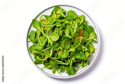 Healthy fresh green salad plate shot from above on white background.