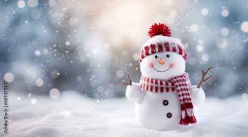 Happy snowman in the winter scenery. © MDBepul