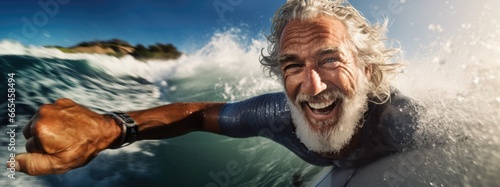 Cheerful senior male surfer surfing on his board during retirement in the ocean spending active lifestile healthy aging with copy space background © Wendy2001
