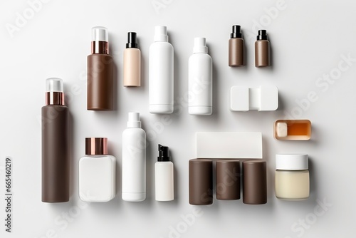 cosmetic beauty products containers on white background.