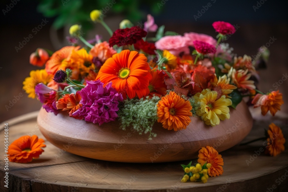 Vibrant fall flowers in a wooden dish. Focused. Generative AI