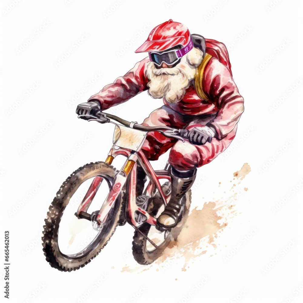 Obraz premium Santa Claus riding a mountain bike, wearing a helmet during the winter season and Christmas holiday on a white background. Funny activity Santa Claus clipart.