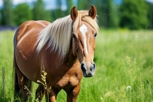 Brown horse with blond hair eats grass on a green meadow detail from the head. © MDBepul