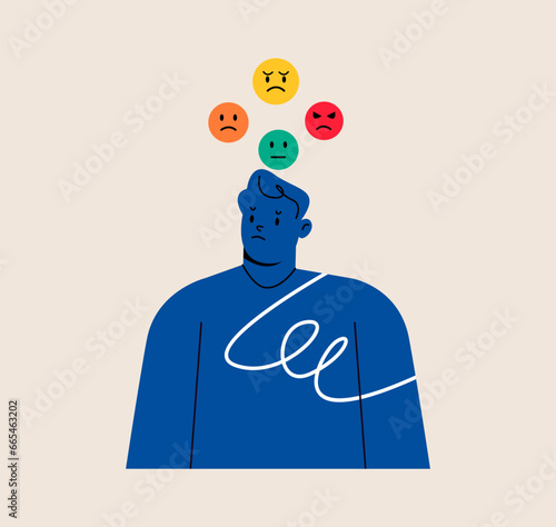 Anxiety or fears concept. Man suffers from negative thoughts or emotions. Colorful vector illustration