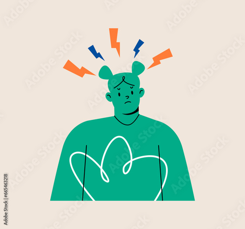 Anxiety or fears concept. Woman suffers from negative thoughts or emotions. Colorful vector illustration