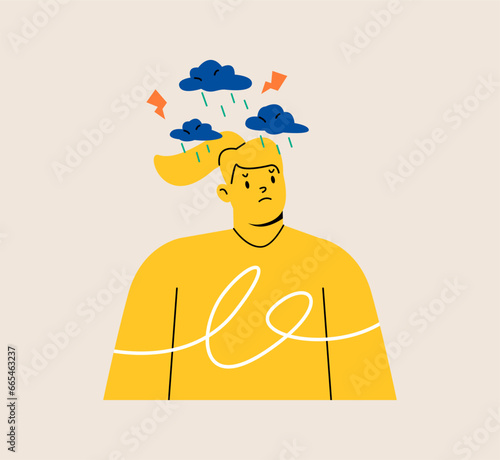 Anxiety or fears concept. Woman suffers from negative thoughts or emotions. Colorful vector illustration