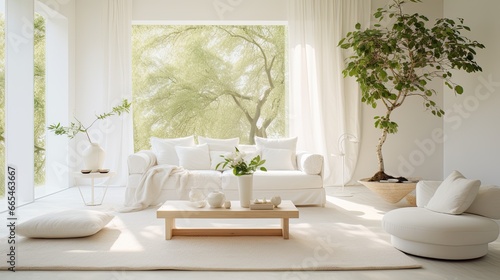 Spacious living room boasting white minimalist furniture, soft cotton textiles, and greenery. Modern interior design. 