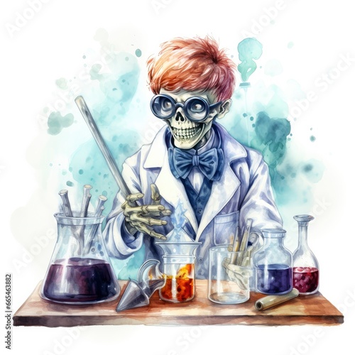 A student in a science classroom with lab equipment, watercolor.