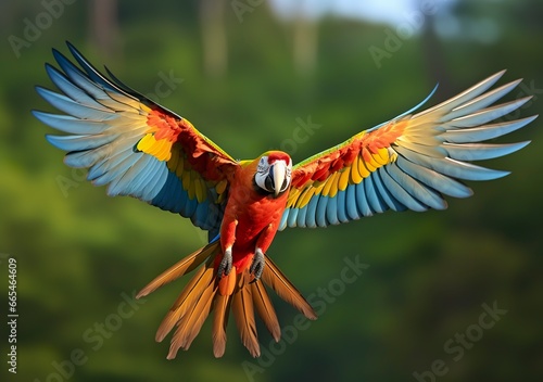 Flying macaw, beautiful bird. © MDBepul