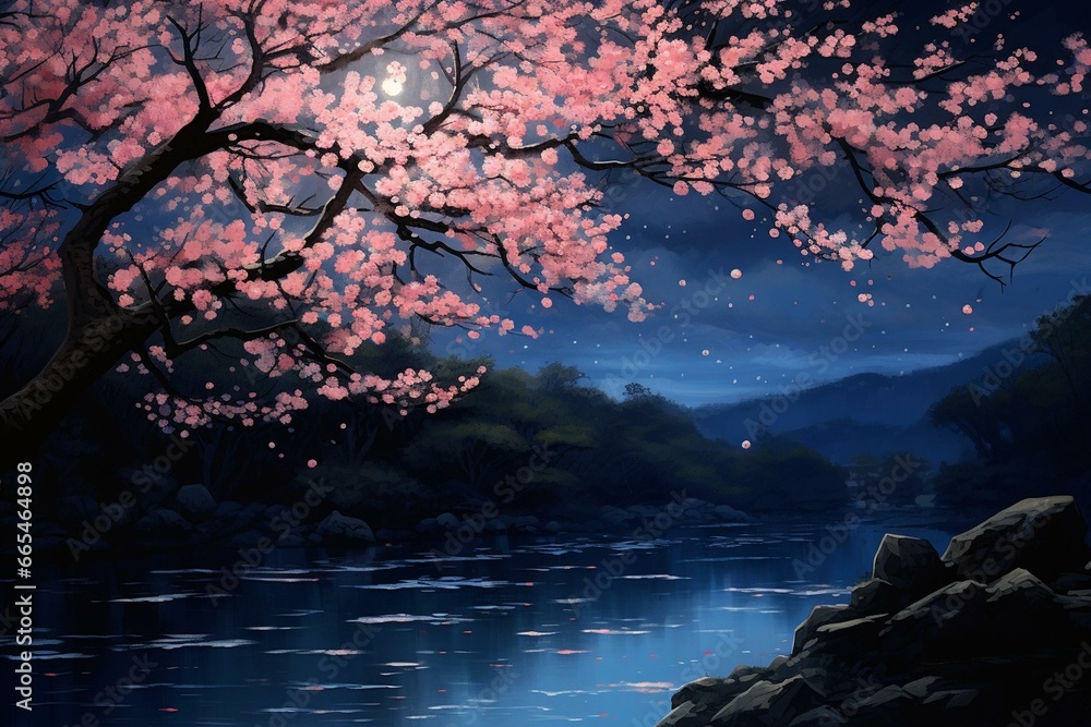 Cherry blossom under scenic starry night. Generative AI