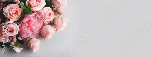 Fresh bunch of pink peonies and roses with copy space.