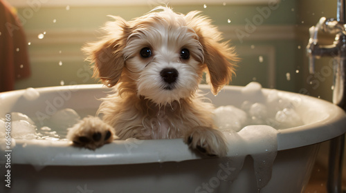 Cute baby dog sitting in bathtub