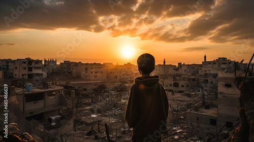A kid looking at the sunset surrounded with destroyed buildings in war zone. Hoping for freedom photo
