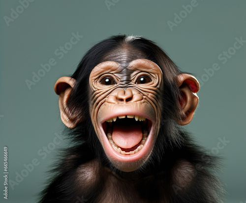 Funny ape chimp baby chimpanzee laughing portrait realistic generative AI illustration. Lovely animal babies concept © Uros Petrovic