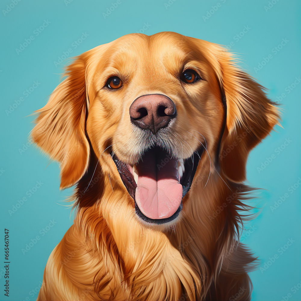 Golden retriever dog portrait on green background. Generative AI image illustration. Beautiful animals concept