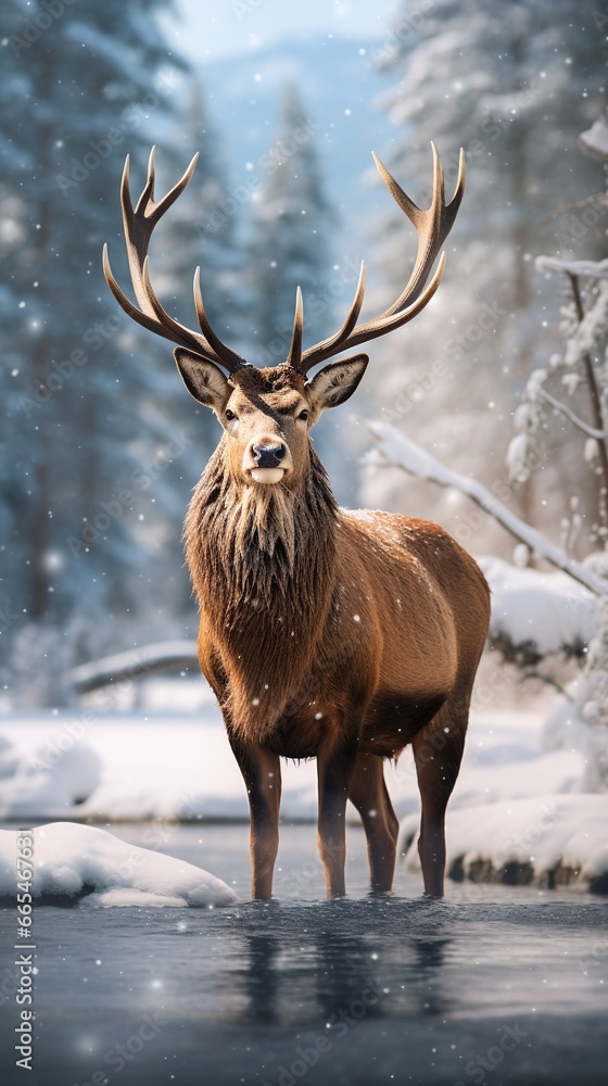 A Realistic Shot of a Graceful Christmas Elk in a Snowy Setting A Realistic Shot of a Graceful Christmas Elk in a Snowy Setting