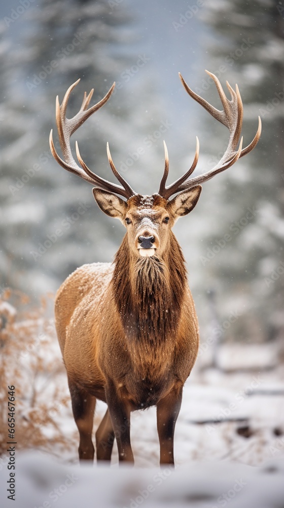 A Realistic Shot of a Graceful Christmas Elk in a Snowy Setting A Realistic Shot of a Graceful Christmas Elk in a Snowy Setting