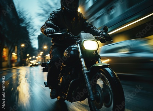 close up on vintage motorcycle on the road in the city with wet ground 