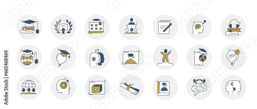 Custom Hand Drawn Online Learning Icons cover various topics related to online education, including e-learning, distance learning, virtual classrooms, and learning management systems.