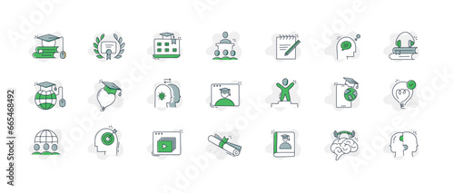 Custom Hand Drawn Online Learning Icons cover various topics related to online education, including e-learning, distance learning, virtual classrooms, and learning management systems.