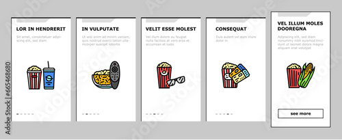 popcorn corn pop cinema onboarding mobile vector. white movie, snack bucket, food sweet, box falling, pile bag, yellow popcorn corn pop cinema Illustrations