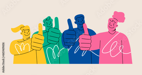 Group of people smiling showing thumbs up give. Colorful vector illustration
