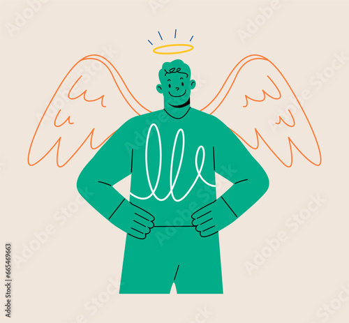 Man with halo and wings smiles. Concept of volunteer and charitable industry. Colorful vector illustration