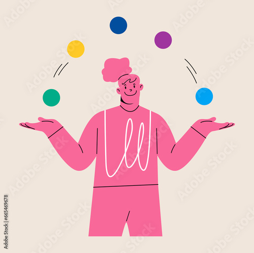 Woman juggling  balls. Working concentration or multitasking concept. Colorful vector illustration