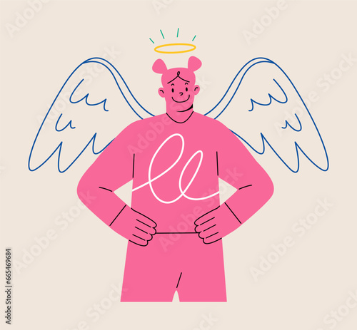 Woman with halo and angel wings smiles. Concept of volunteer and charitable industry. Colorful vector illustration
