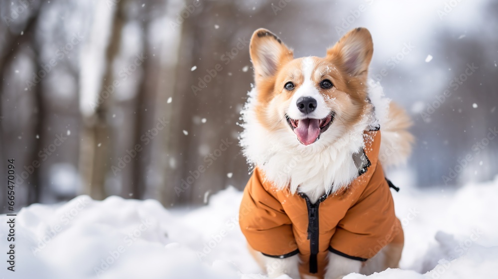 Cute dog in a warm jacket and hood walks in a winter park