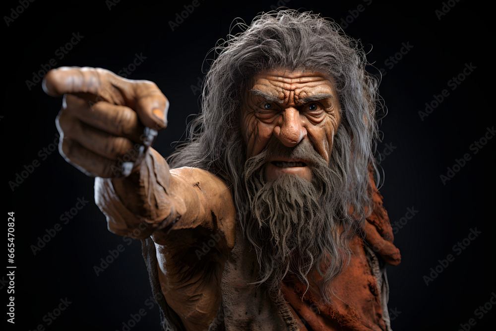 stone age mature gray-haired man points finger at viewer side. Neural network generated image. Not based on any actual person or scene.