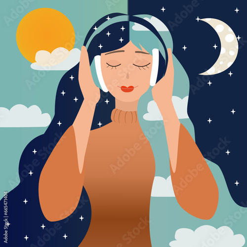 Woman listening to music with headphones. night and noon time. Vector illustration.