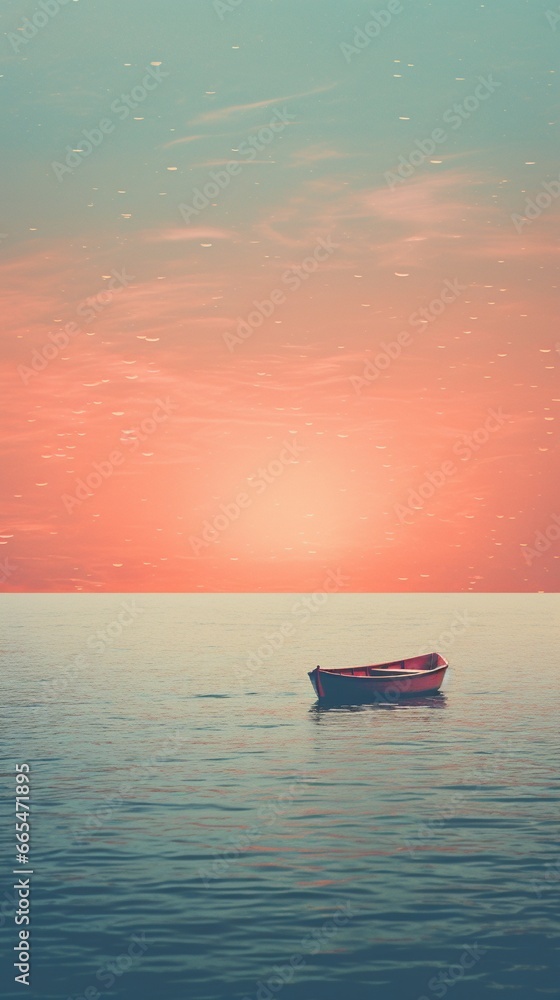 An empty ocean with a boat sitting near it,soft colors, mesmerizing optical illusions