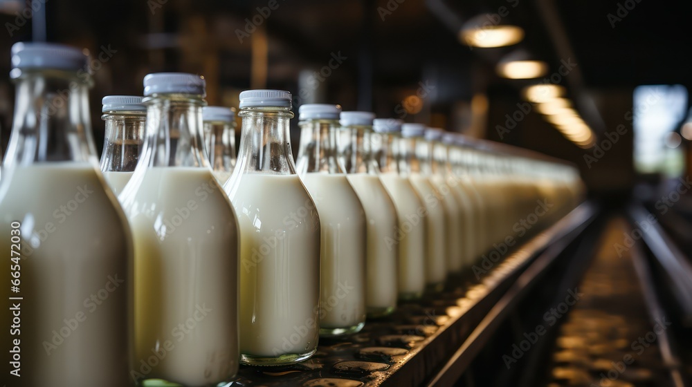 bottles of milk in a factory process