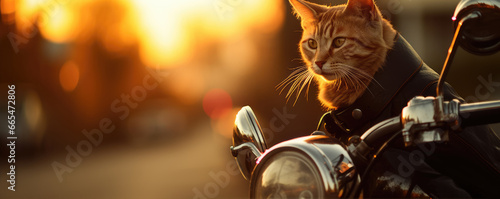 Cute cat driving motocycle in sunset light.