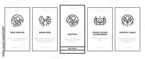 disease health heart onboarding mobile vector. cough pain, fever virus, flu failure, medical stroke, healthcare attack, temperature disease health heart Illustrations