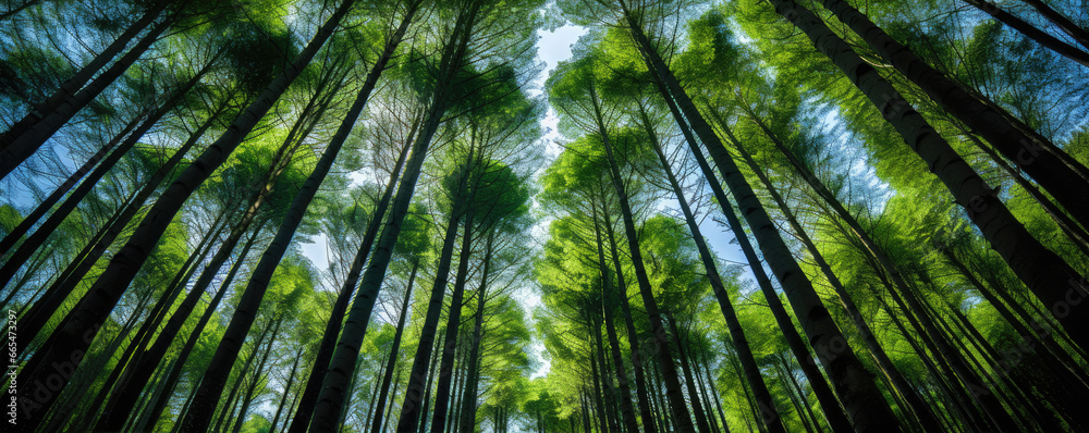 Looking up at the trees in green forest. Looking up at the trees in green forest.