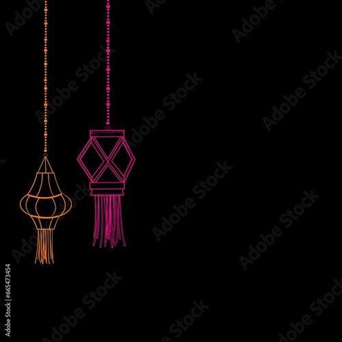 Kandeels (Lanterns) Hang in Yellow and Pink Linear Style. photo