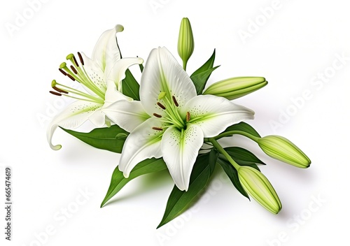 Beautiful fresh lily flower with green leaves, isolated on white background. © MdBepul